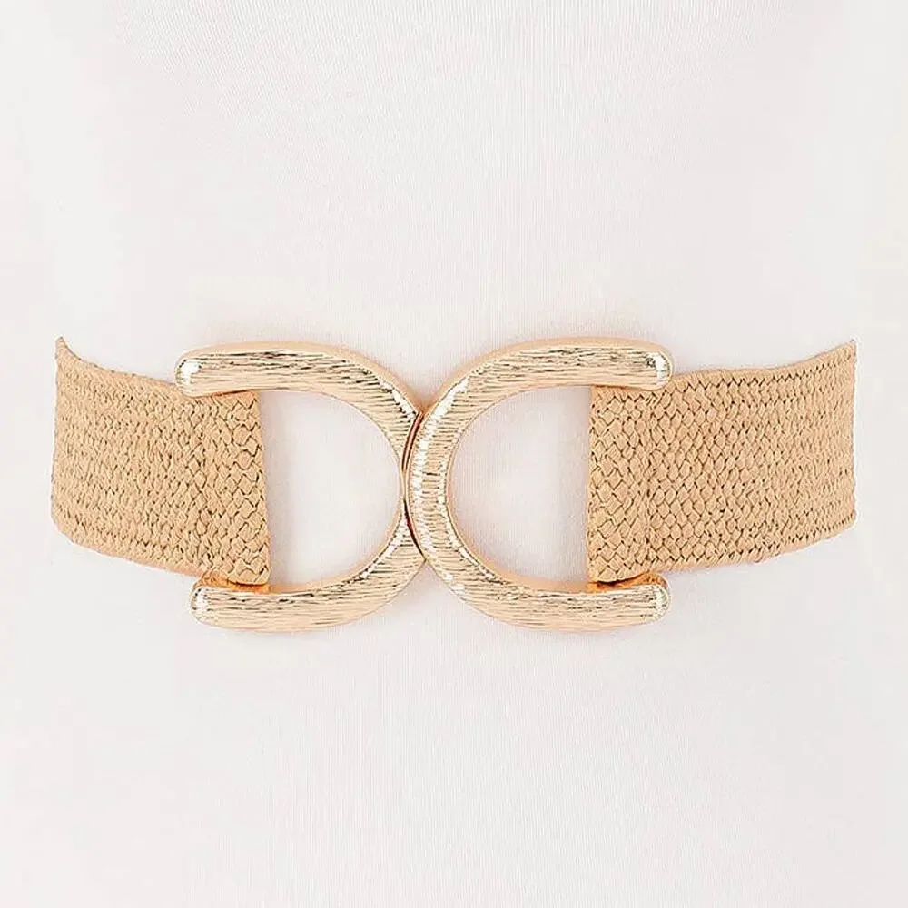 Straw Wide Dual Buckle Elastic Belt - Khaki/Gold